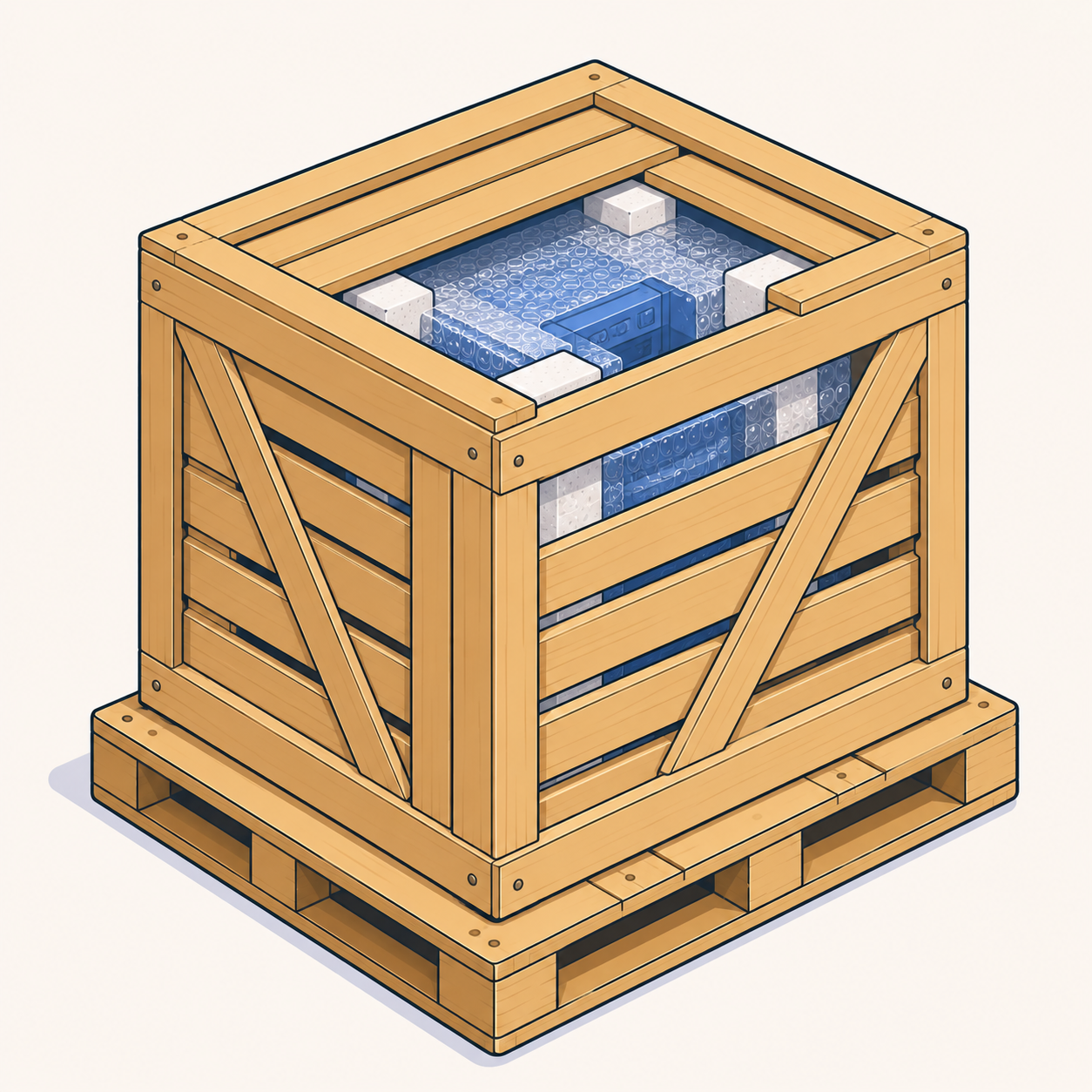 A fragile item protected inside a slatted wooden shipping crate on a pallet
