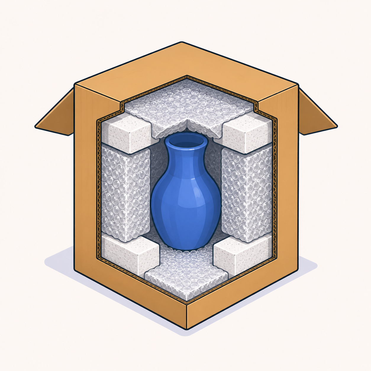 A fragile item cushioned with bubble wrap and foam inside a cardboard box
