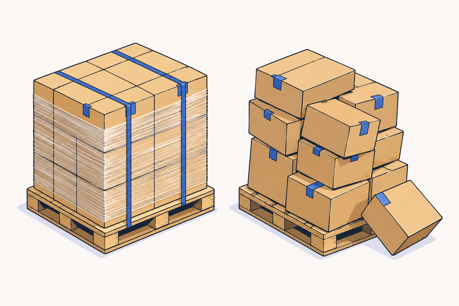 A neatly packed, shrink-wrapped and strapped pallet next to a poorly stacked, unsecured one