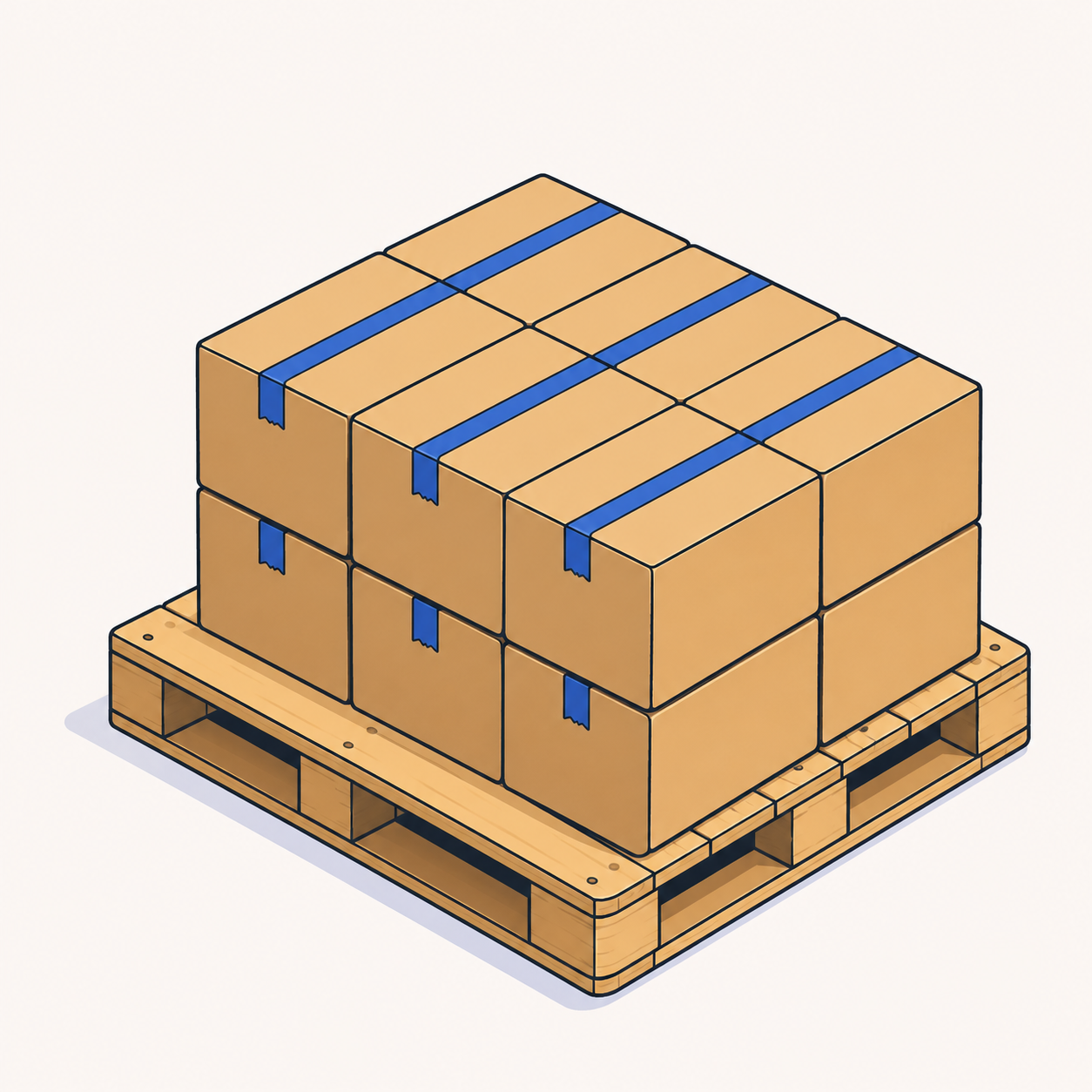 Boxes stacked squarely and evenly on a wooden shipping pallet