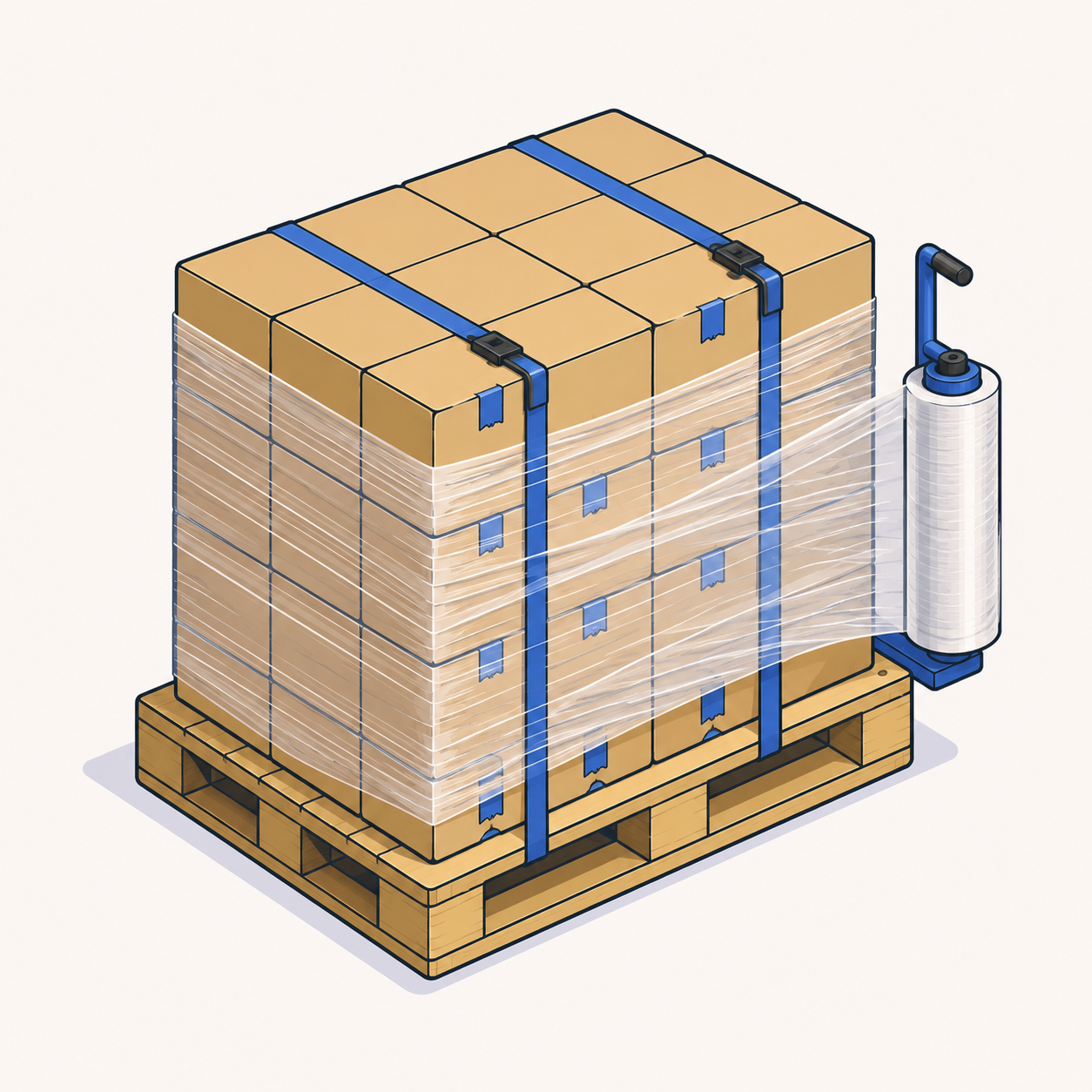 A palletized load being wrapped in shrink wrap and secured with straps